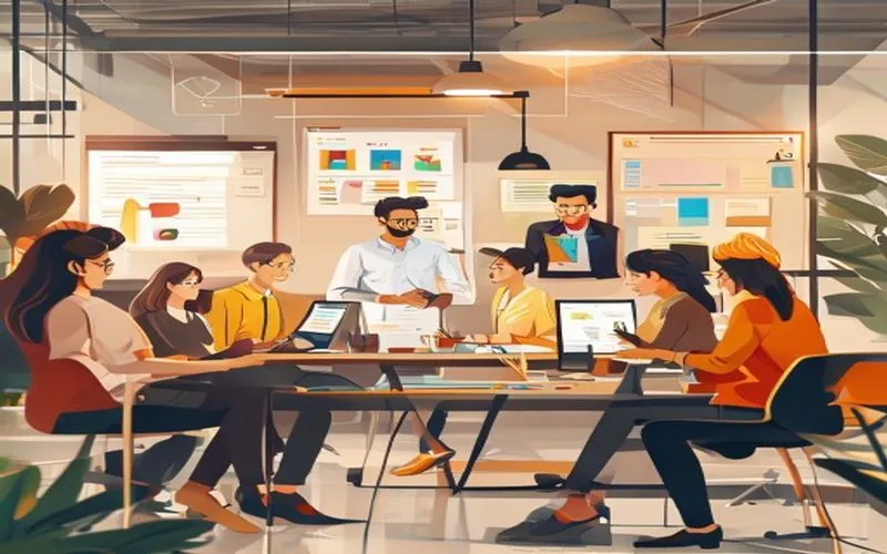 Minh họa về môi trường làm việc hiện đại với sự tích hợp công nghệ quản lý công việc
