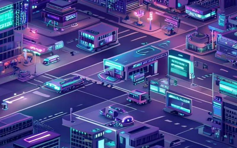 Hình ảnh mô tả đường phố thông minh tại Seoul với robot và công nghệ hiện đại